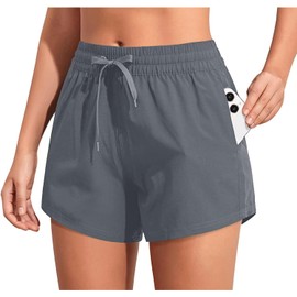 Aqua Eve - Pantalones cortos para mujer con bolsillos, cintura alta, pantalones cortos de baño de secado rápido con forro, Gris, X-Small