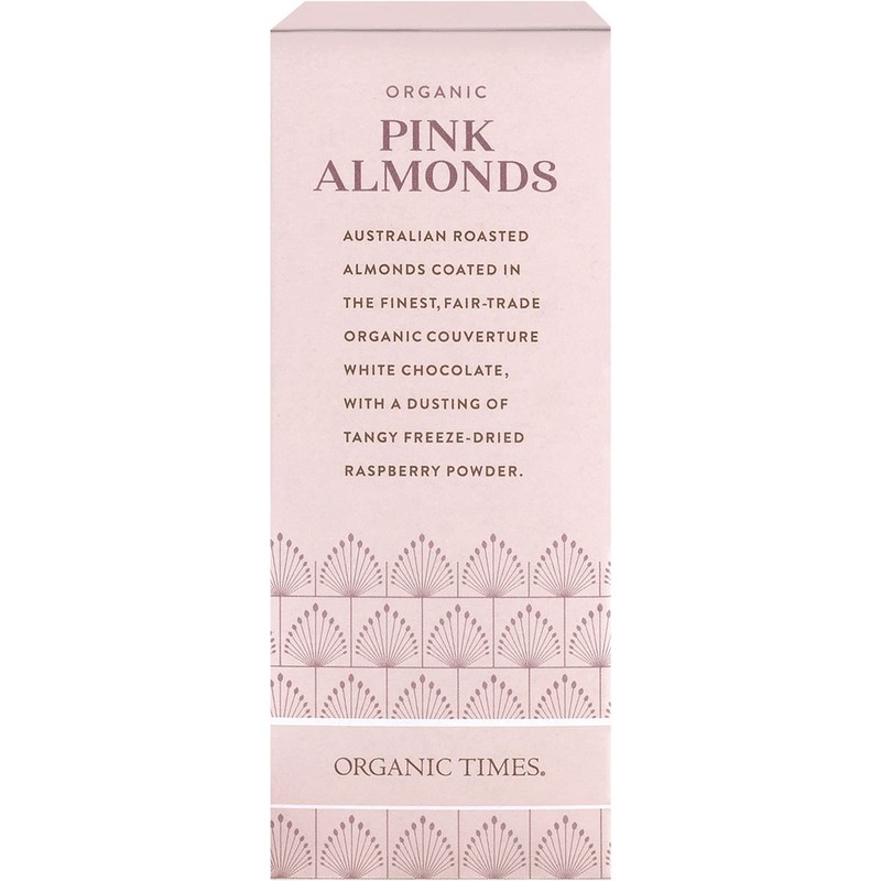 ORGANIC TIMES Pink Raspberry Dusted White Choc Almonds 130g
