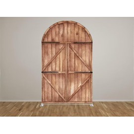 Aerdce Farm Arched Backdrop Cover Barn Wood Door Farm Parties Chiara Backdrops for Birthday Decorations Arched Wall Covers Stands Display Props Double-sided GX-225-2.5x6ft