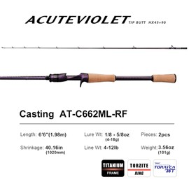 PURELURE ACUTEVIOLET Jerkbait Casting Rod 36T Carbon Fiber Fishing Rod Regular Fast 6'6'' Medium Light Baitcasting Fishing Pole, TZ Ring & Titanium Frame, Carbon Reel Seat and AAA Cork Handle