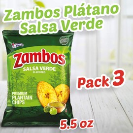Zambos Plantain Chips – Delicious Plantain Chips with Green Salsa (Tajaditas de Plátano con Salsa Verde), Unique Flavor from Salvajes del Trópico, plantain chip - 5.3 ounces (150g) (pack 03)