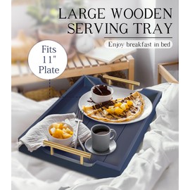 SXNOWS Coffee Table Tray - Large Ottoman Tray for Living Room - Wood Serving Tray with Handles(2 Sets) - Wooden Trays for Coffee Tables, 4 Round Coasters Included, Deep Blue