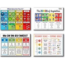 CULION Zones of Regulation Poster, Feelings Posters, Feelings Chart For Kids, Emotions Poster, Autism Sensory Products, Set of 4 (08×12inch)