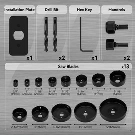 KATA Hole Saw Kit, 18 Pieces Hole Saw Set with 3/4"-5"(19-127mm) Saw Blade, 2 Mandrels, 2 Drill Bits, 1 Installation Plate, 1 Hex Key with Case, Ideal for Soft Wood, Plywood, Drywall, PVC