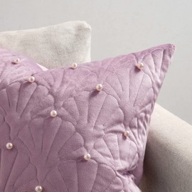 Ashler Pearl Throw Pillow Covers, 18 x 18 Inch Decorative Purple Pillow Cover, Soft Velvet Luxury Pillow Cases with Pearl Embellishment, Shell Pattern Pillow Covers for Sofa and Living Room Set of 2