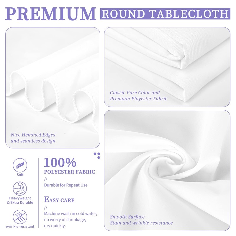 Showgeous Tablecloth White Round Tablecloth 228 cm Polyester Fabric Tablecloth