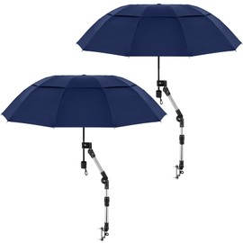 Clysee 2 Pcs Large Double Canopy Beach Umbrella with Adjustable Clamp Inverted Golf Umbrella Portable Compact Sun Umbrella for Chair Stroller Golf Cart Patio Fishing(Blue, 55 Inches)