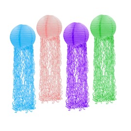PADRIO Mermaid Party Decor Jelly-Fish Paper Lanterns for Kids Birthday, Baby Shower, Weddings Under The Sea Ocean Themed Hanging Ceiling Decoration - 4 Set in Blue, Pink, Purple, Green