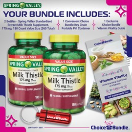 CHOICE BUNDLE Spring Valley Standardized Extract Milk Thistle Dietary Supplement Capsules 175 mg 180 Ct 2 pk (360 Total) + Vitamin Guide and Pill Container (4 Items)!
