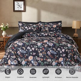 7 Piece Queen Comforter Set, Black Butterfly Floral Comforter Set with Flowers Leaves Pattern, Soft Microfiber Complete Bedding Set for All Season(Black, Queen)