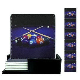 Billiards Coasters Square Leather Drinks Coaster Set with Holder for Coffee Table Bar Home Decor 4 Inches Set of 6