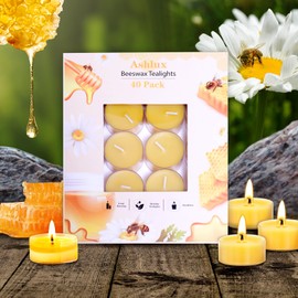 Beeswax Tea Candle丨Ashlux 100% Natural Beeswax Tealight Candles丨40pcs Home Bulk Beeswax Candles丨no scent, no smoke丨3.5-4 Hours Long Burning Time丨Beeswax Candles, Perfect for Home Decorations, Weddings