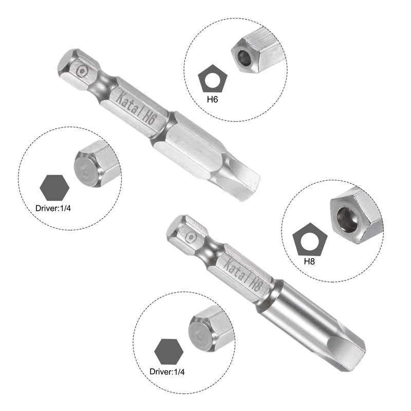 HARFINGTON H3-H8 Pentagon Screwdriver Bit Set 1/4" Hex Shank 2"
