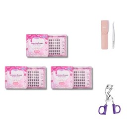 Ninetynine Dreams No Glue Mermaid Lashes Press On Reusable Individual False Eyelashes Clusters, Easy To Apply 9-13mm, Thin Transparent Self Adhesive Band Natural Eyelash (3 Packs + Tweezers + Curler)