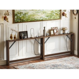 TIQLAB 5.9 Inch Narrow Console Table with Power Outlet,Sofa Table, Total Length 94'' Sofa Table Behind Couch, for Entryway&Living Room, Black Walnut