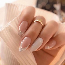 Alomnd Press on Nails Short Fake Nails Almond False Nails Press ons with Designs White Glitter Swirl Glue on Nails Cute Acrylic Nails Glossy Full Cover Artificial Stick on Nails for Women Manicure