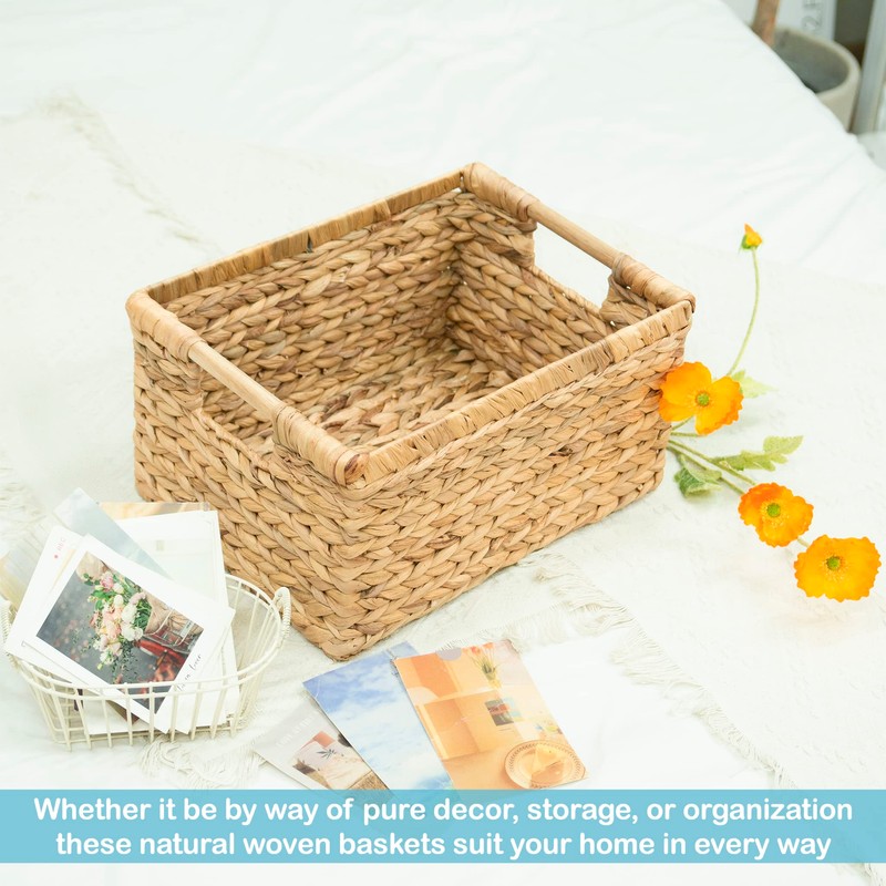 VATIMA Large Rectangular Wicker Basket with Wooden Handles for Shelves