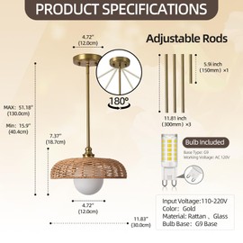 Boho Pendant Lights Fixtures for Kitchen Island, Rattan Chandelier Wicker Pendant Lights with Goble Glass Milk Shade, Farmhouse Woven Pendant Light for Living Room Kitchen Island (Bulb Include)