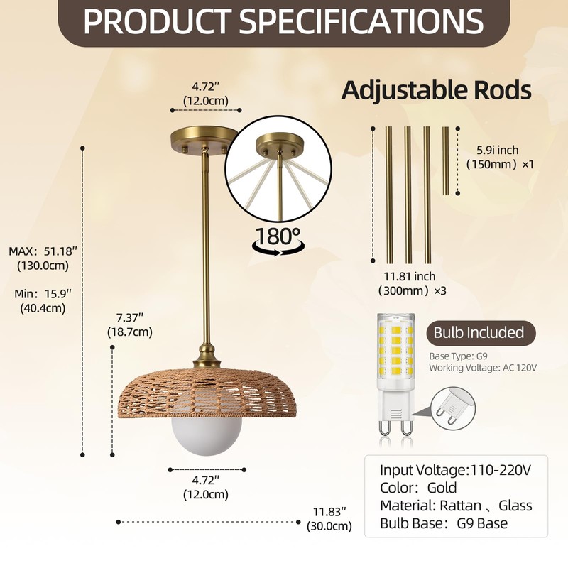 Boho Pendant Lights Fixtures for Kitchen Island, Rattan Chandelier Wicker