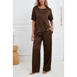 Women's Silk Satin Pajama Sets 2 Piece Short Sleeve with Long Pajama Pant Silky Sleepwear Lounge Set (Large,Brown)