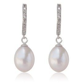 Finatso Sterling Silver Hoop Drop Cultured Pearl Earrings (Platinum)