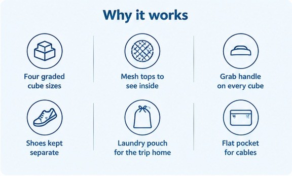 Why it works: four graded sizes, mesh tops, grab handles, shoes separate, laundry pouch, flat cable pocket
