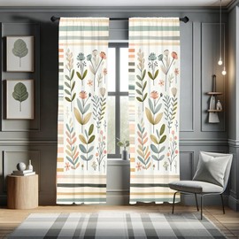 Ambesonne Leafy Art Curtains, Modern Scandi Leaves and Minimalist Flowers with Stripes Pastel Tone, Window Treatments 2 Panel Set for Living Room Bedroom, Pair of - 28" x 63", Pale Seafoam Multicolor
