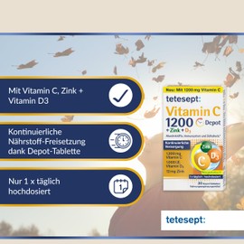 tetesept Vitamin C 1200 + Zinc + D3 - Dietary Supplement with Vitamin C, D3 and Zinc to Support the Immune System, Cell Protection and Bones - 5 x 30 Vitamin Tablets