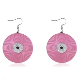 Pink Vinyl Record Dangle Hook Earrings for Women Acrylic Disc Circular Statement Fish Hooks Drop Dangling Hanging Earring Lightweight Christmas Music Festival Birthday Party Jewelry Gifts for Y2K Bff
