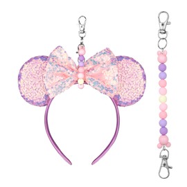 Rukinovi Sparkling Mouse Ears Headband Princess Hair Accessories with Resin Bead Lobster Clasp,Adjustable Elastic Band,Satin Bow, Perfect for Cosplay Birthday Festival Photo Props