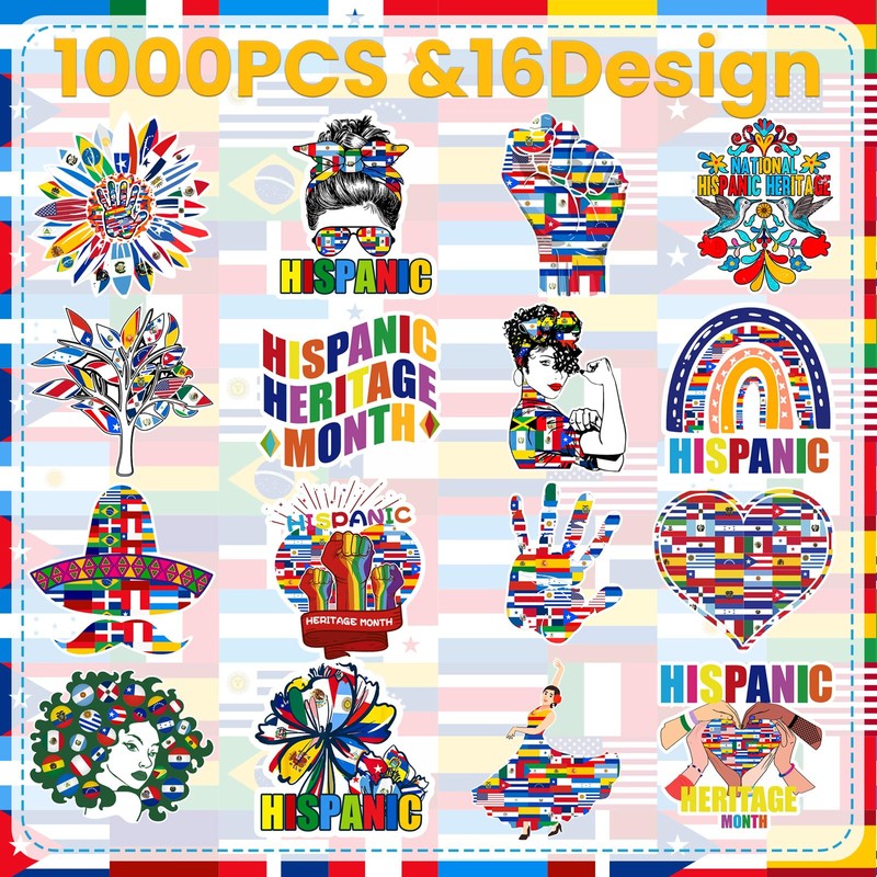 1000 Pcs Hispanic Heritage Month Stickers, 2 Rolls with 16