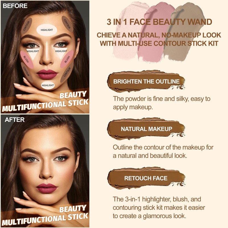 Lezero 3Pcs Contour Stick Makeup Kit, Shades with Highlighter, Blush