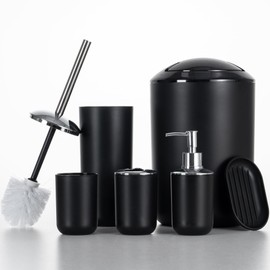 Fun Memories Bathroom Accessories Set 6 Piece Bath Ensemble Includes Toothbrush Holder, Soap Dispenser, Toothbrush Cup, Soap Dish for Decorative Countertop and Housewarming Gift, Black