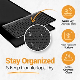 Silicone Coffee Bar Mat 24''x16'' – Detachable Dish Drying Mat for Kitchen Countertops, Non-Slip Coffee Maker Mat, Coffee Pot & Station Mat, Waterproof Under Coffee Maker Pad (Black Wavy Lines)