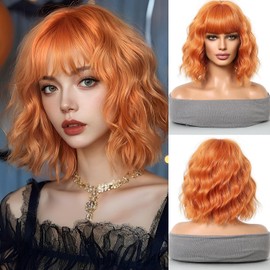 OUFEI Long Orange Wig With Bangs Natural Wavy Wigs for Women Natural Synthetic Hair Heat Resistant Wigs for Daily Party Cosplay Wear