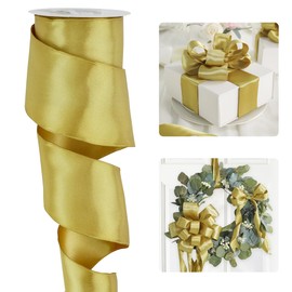 HUIHUANG Gold Satin Wired Ribbon 2.5 inch Gold Christmas Wire Ribbon for Wreaths, Garland, Bows, Gift Wrapping, Holiday Decorations, Home Decor, Christmas Tree, Crafts-Continous 10 Yards