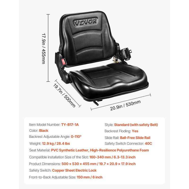 VEVOR Universal Forklift Seat, Tractor Seat with Adjustable Backrest &