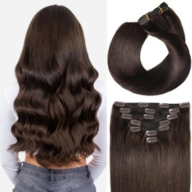 Savasana Clip in Hair Extensions Real Human Hair Straight 7 Pcs Hair Extensions Double Weft Thick Dark Brown 20 Inch 120g