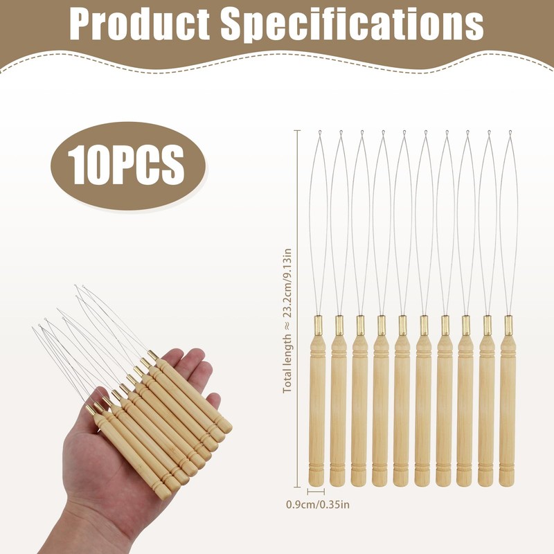 10 PCS Wood Hair Extensions Loop Needle Threader Pulling Hook