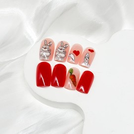 Easter Press on Nails Short Square Fake Nails Red Full Cover False Nails with Bunny Carrot Designs Cute Acrylic Nails Glossy Glue on Nails Manicure Artificial Nails for Women Girls 24Pcs