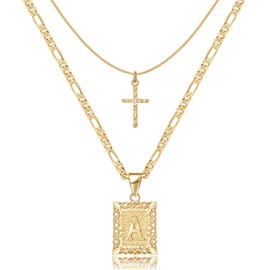 KELORIS PATH Gold Layered Initial Cross Necklace, 14K Gold Plated Layering Square Letter Pendant Figaro Chain Cross Choker from A-Z Capital Jewelry for Women(Letter A)