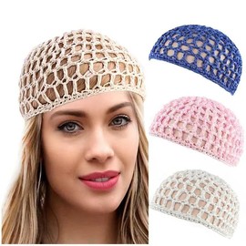 3 Pcs Hair Nets Cap, Elastic Mesh Crochet Hair Net Snoods for Women Soft Rayon Crocheted Sleep Caps Hair Wrap Net for Silk Press Cover Accessory for Sleeping White, Pink,Blue