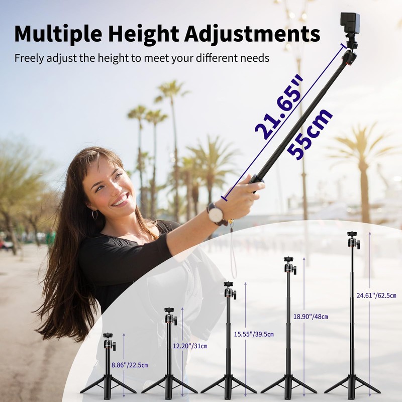 Mini Tripod for Camera, 24.61"/62.5cm Tripod Selfie Stick with 5