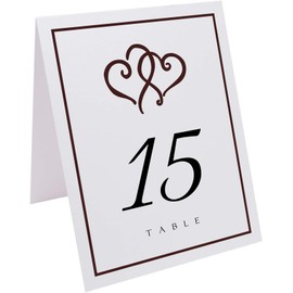 Linked Hearts and Border Wedding Table Numbers (Select Color/Quantity), White, Chocolate, 1-80, Double Sided, Tent or Use in a Stand, Great for Parties & Restaurants