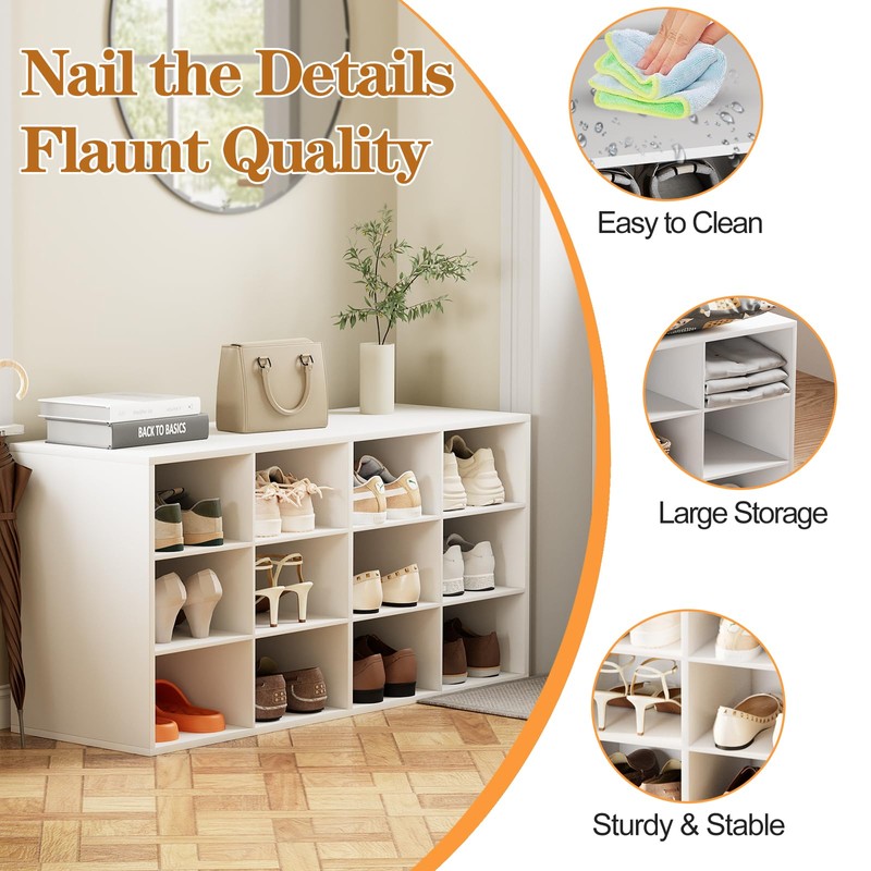 12-Cubby Shoe Rack, 3-Tier Wood Shoe Organizer, Multifunctional Shoe Organizer
