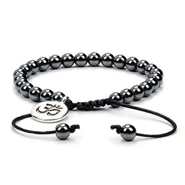 Adjustable Om Wish Bracelet Meditation Mala Prayer Beads Yoga Om Jewelry Braided with Natural Stone Mala Beads (Hematite)