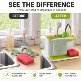 Kitchen Sink Caddy Organizer for Storage – Plastic Dish Soap & Sponge Holder with Drain Tray