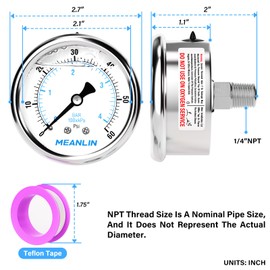 MEANLIN MEASURE 0~60Psi Liquid Filled Pressure Gauge Stainless Steel with 316 Stainless Steel Joint 1/4" NPT 2.5" FACE DIAL for Pool Filter Pump Water Oil Air Compressor Center Back Mount
