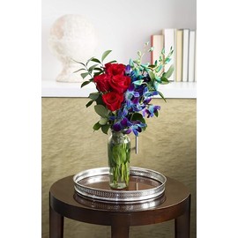 KaBloom Flowers -Valentine's Day Collection - Red Roses and Blue Orchid with vase, Gift for Birthday, Sympathy, Anniversary, Get Well, Thank You, Valentine, Mother’s Day Fresh Flowers