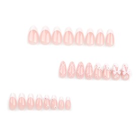 ANDGING Almond White Press on Nails Short Medium French Tip Fake Nails with 3D Bow Flower Designs Fantasy Glue on Nails for Women Gel Full Cover Manicure Stick on Nails for Wedding False Nails 24 Pcs